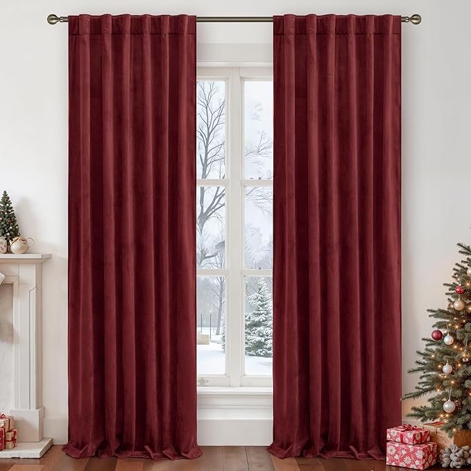 LAMIT Burgundy Red Velvet Curtains 96 Inch for Living Room, Vintage Thermal Room Darkening Panels Privacy Back Tab and Rod Pocket Christmas Drapes for Bedroom/Theater, 2 Panels, 52 x 96 Inch