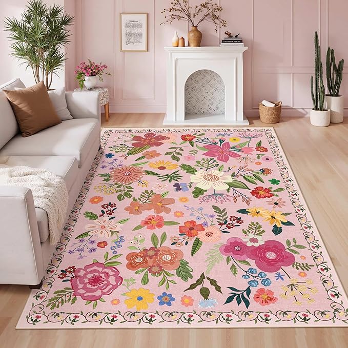 Latte&Fog Washable Living Room Floral Rugs 5x7 Pink Rugs by LatteFog