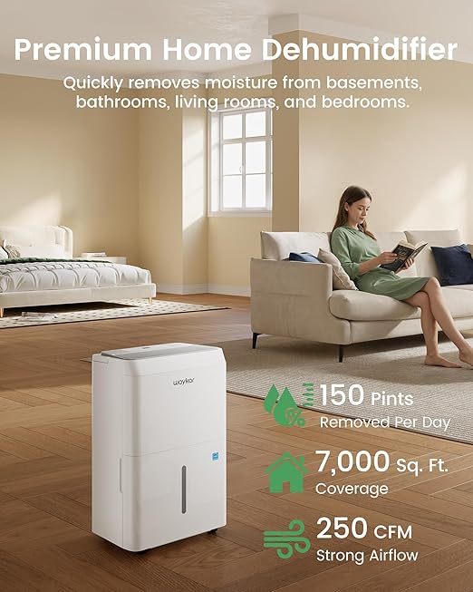 Waykar 150 Pint 2025 Energy Star Dehumidifier with Pump for Large Rooms up to 7,000 Sq. Ft. for Home, Basement, Commercial, Industrial, with Drain Hose & Tank, Auto Defrost, Smart Auto Comfort Mode