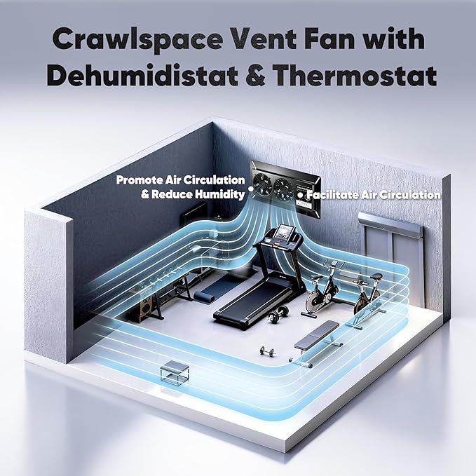 WARMOASIS 220 CFM Crawl Space Vent Fan with Dehumidistat & Thermostat, Dual Knobs for Speed & Humidity Control, 3000 RPM, Reduces Indoor Radon, Humidity & Odors, High-Efficiency Ventilation