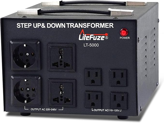 LiteFuze 5000 Watt Voltage Converter Transformer Step Up/Down - 110v to 220v / 220v to 110v Power Converter - Fully USA Grounded Cord - Universal Outlet Socket, 2x US Outlets - CE Certified