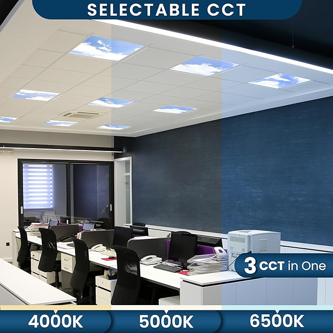 4 Pack 2x4 LED Flat Panel Light Drop Ceiling Fixture with Cloud Design, 7000LM Tunable 20W-40W, 3000K-6500K 0-10V Dimmable Skylight Recessed Fixture for Office Shop, ETL & DLC 24x24 Inch LED Panel