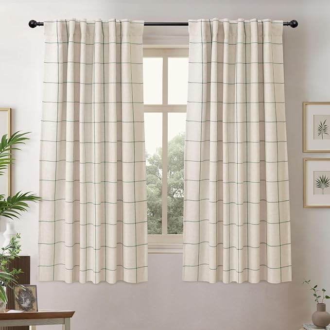 DriftAway 100% Blackout Plaid Linen Curtains W52xL63 Loden Green | 100% Blackout by DriftAway