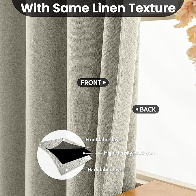 COSVIYA 100% Blackout Cream Linen Curtains & Drapes 96 Inch Length | Light - Image 3