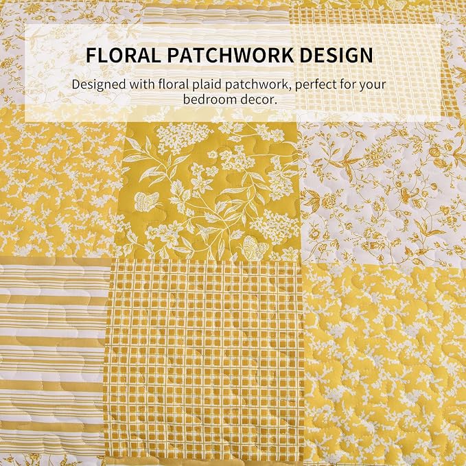 Mybedsoul Yellow Boho Quilt Set Full Size, 3 Pieces Plaid Floral Bedspread - Image 7