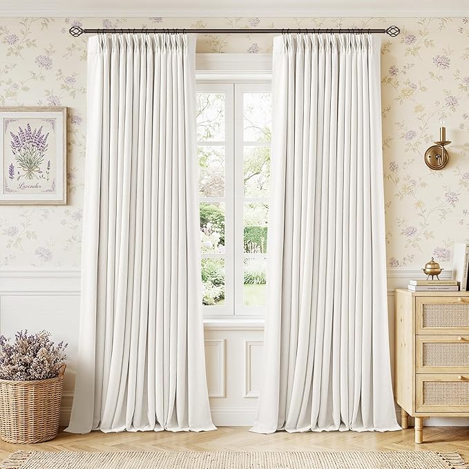 Pinch Pleated Blackout 108 Inch Bedroom Linen Curtains 2 Panels Ivory White | by Twodrapes