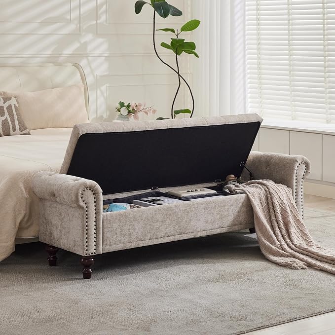 SOFTHION 67" Storage Bench for Bedroom, Chenille Upholstered, Light Brown | by SofthionDesign