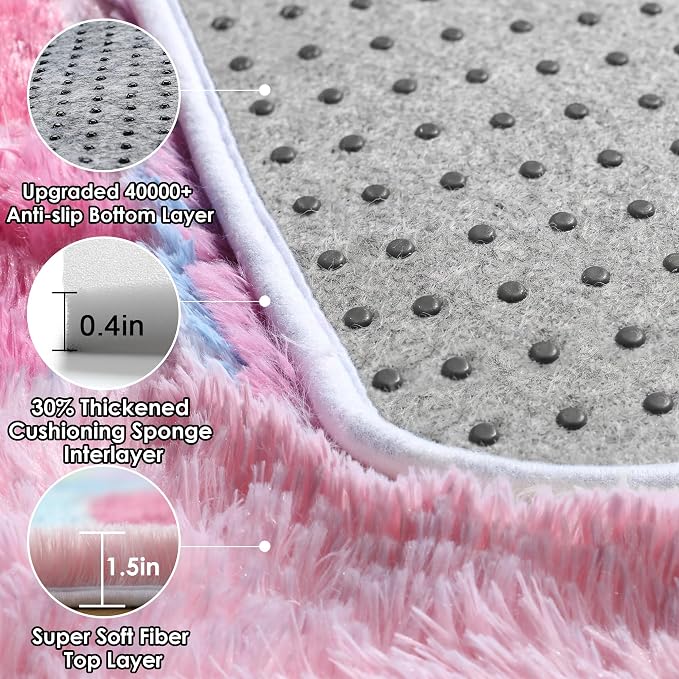 Checkered 6x9 Area Rugs for Living Room, Fluffy Pink Rainbow Colorful Rug for - Image 3