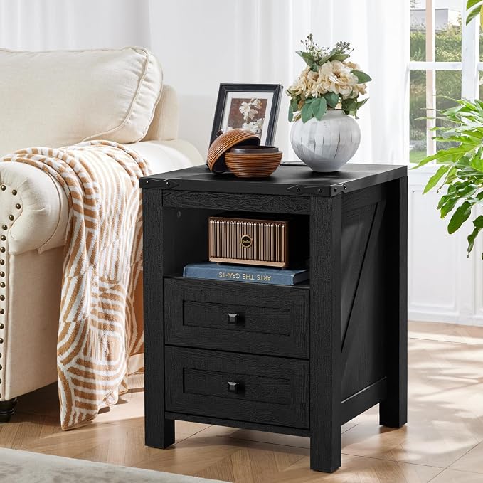 Joaxswe Nightstand with Charging Station and 2 Drawers, Farmhouse | Black Night - Image 9