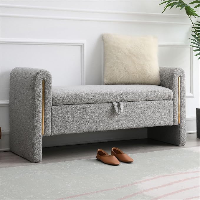 52" Upholstered Storage Bench, Wood Frame | Mid-century storage ottoman bench by CreateYourPerfectSpace