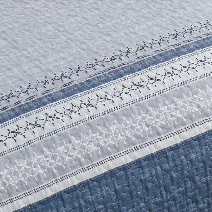 Cottolester Mineral Blue Queen Quilt Set, Boho Striped Bedspread Coverlet | - Image 9