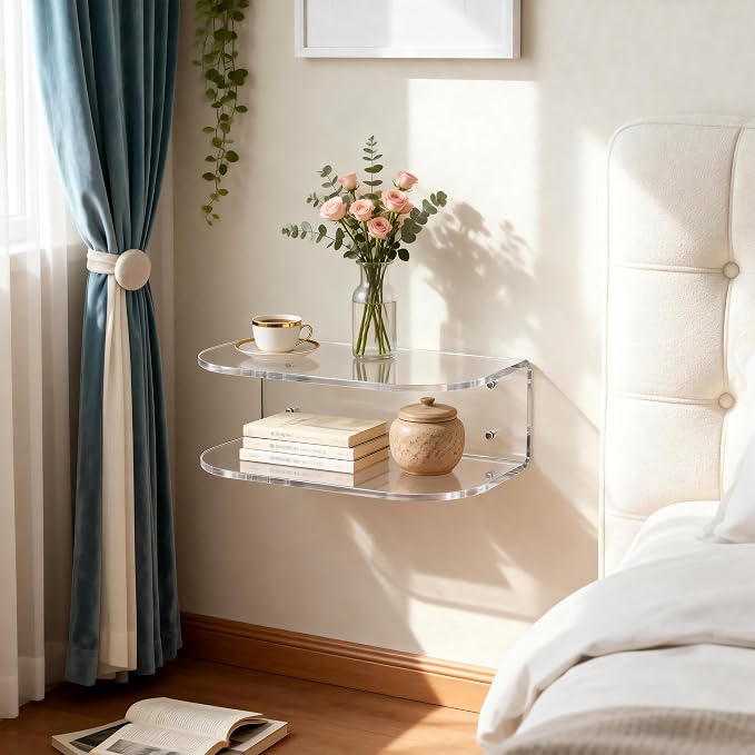 Acrylic Floating Nightstand, Wall Mounted Bedside Table Shelf - Image 2