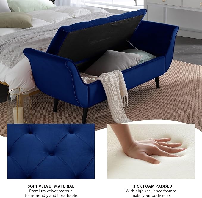 65" Velvet End of Bed Bench, Upholstered Seat - Image 4