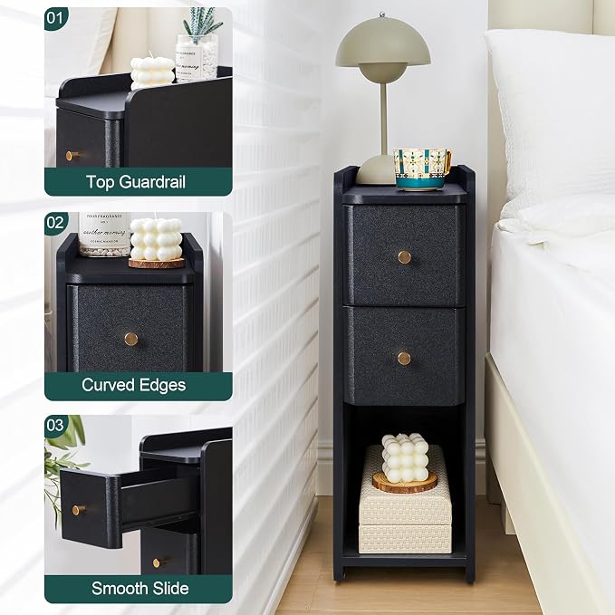 Narrow Nightstand Set of 2, Wooden Small 2 Drawer Nightstand, Slim Side End - Image 9