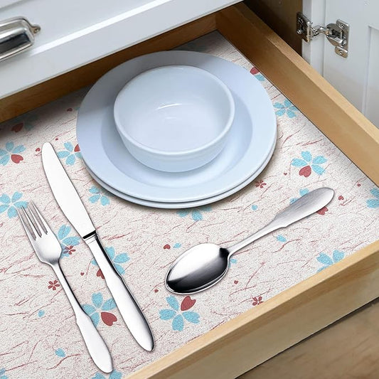 RAY STAR 18X96 Inch Shelf Liner for Kitchen Cabinets, Non-Adhesive Cabinet Liner Washable, PVC Drawer Liner for Dresser Non-Slip Bathroom (Blue-Floral)(4 Roll)