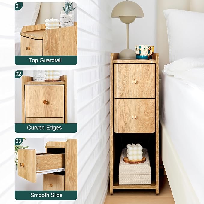 Narrow Nightstand Set of 2, Wooden Small 2 Drawer Nightstand, Slim Side End - Image 9