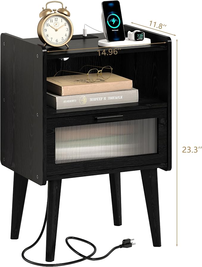 MMEOLUOOK Nightstand with Charging Station, Bedside Tables with Glass - Image 3