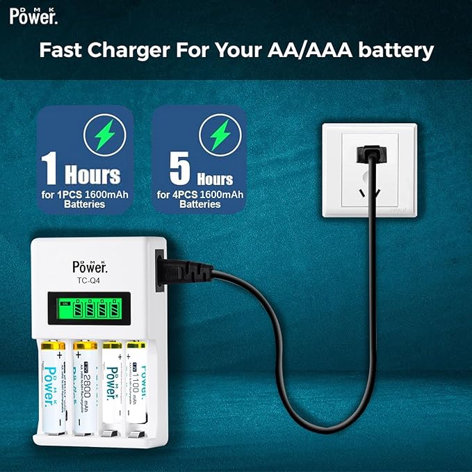 DMK POWER Rechargeable High Capacity Batteries 1.2V NiMH Low Self Discharge (AA White 2800MAH (4 Pieces) and TC-Q4 Charger)