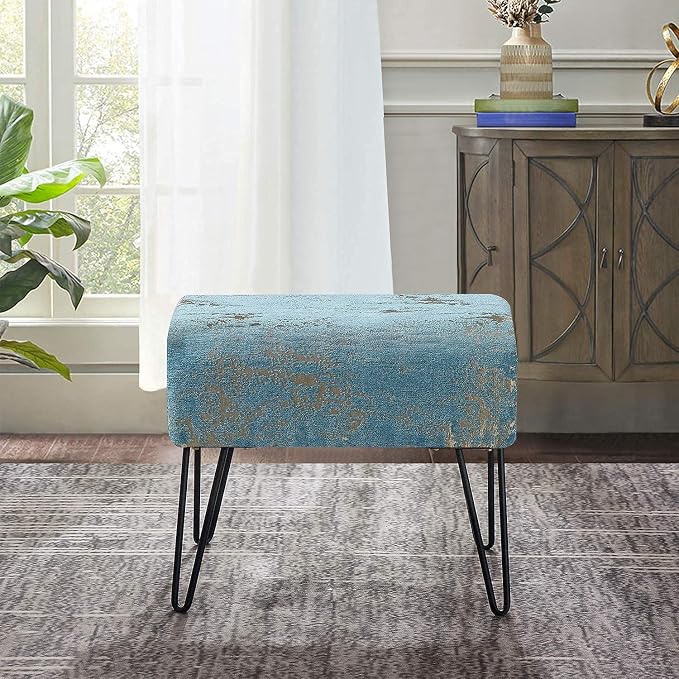 Home Soft Things Blue Jacquard Chenille Ottoman, Kasula-Turquoise, Fuzzy Entry - Image 2
