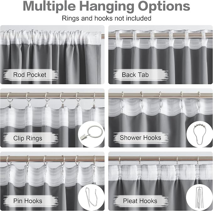 Thermal Insulated Gray Blackout Curtain Panels 96 Inches Long, Back Tab and Rod - Image 3