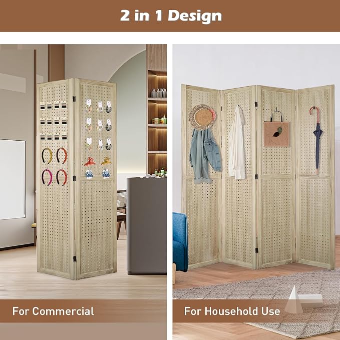 4 Panel Pegboard Room Divider | Natural Wood Folding Privacy Screen - Image 8