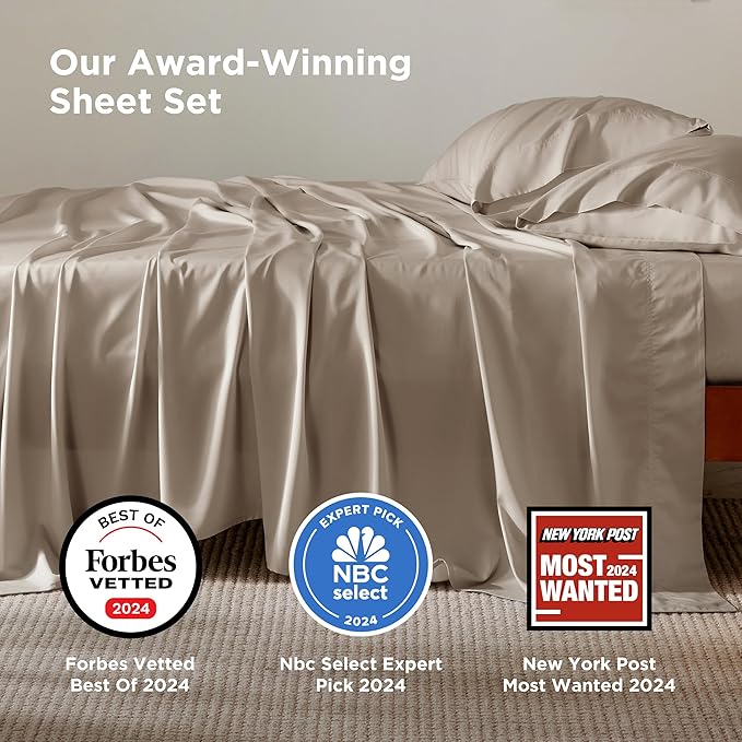 Bedsure Queen Sheet Set, Rayon Derived from Bamboo, Cooling Sheets, Breathable & Soft, Deep Pocket Up to 16 Inches, Hotel Luxury Silky Bedding for Hot Sleepers, Simply Taupe
