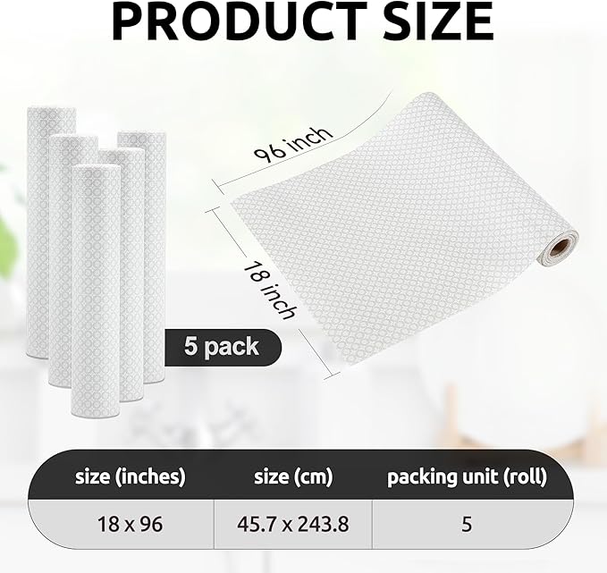 RAY STAR 18X96 Inch Shelf Liner for Kitchen Cabinets, Non-Adhesive Cabinet Liner Washable, PVC Drawer Liner for Dresser Non-Slip Bathroom (White Circle)(5 Roll)