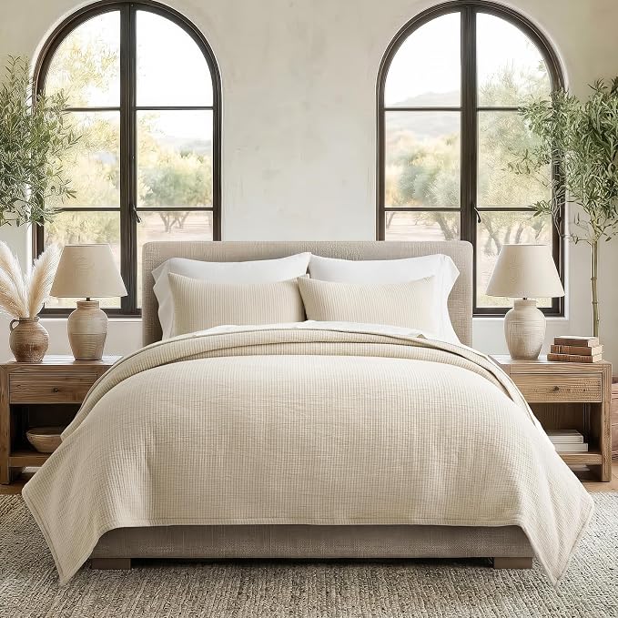 EVERGRACEHOME Cotton Gauze Matelassé Coverlet, Queen Size, Soft Oat | Ultra by EVERGRACEHOME