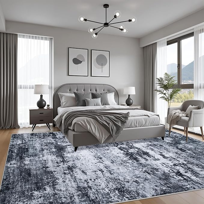 9x12 Area Rug Living Room: Modern Washable Indoor Carpet Black | - Image 3