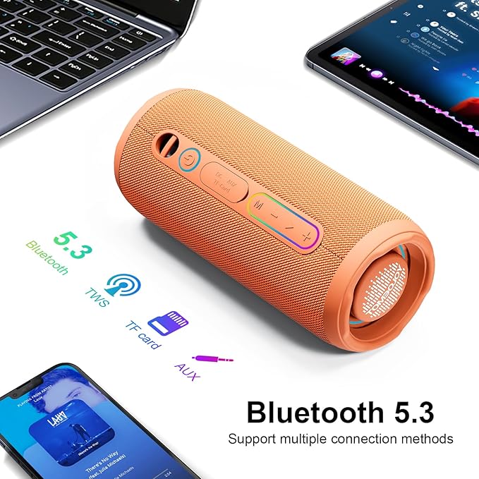 YOLOEMOT Shower Bluetooth Speaker Waterproof, Powerful Deep Bass, Wireless Stereo Pairing, IPX7 Waterproof Dustproof,12H Playtime, Outdoor Bluetooth Speakers for Travel, Sport, Party, Biking (Orange)