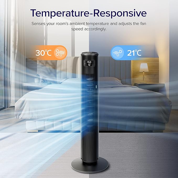 LEVOIT Smart 42 inch Tower Fan for Bedroom, DC motor, Oscillating with Quiet 26ft/s Velocity, 25dB Bladeless Floor Fan for Home Space, 12 Speeds, 4 Modes, 24H Timer with APP, Works with Alexa, Remoter