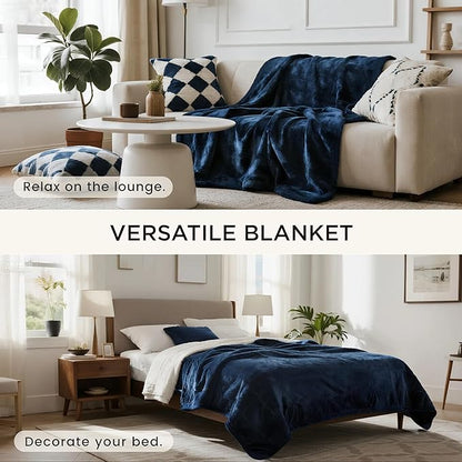 gogobunny Waterproof Bed Blanket, Reversible Sherpa Fleece Throw Blanket for Dog Puppy Cat, Furniture Cover Protects Bed Couch Sofa from Liquid Pee and Pet Fur (Navy Blue, 90x90 inches)