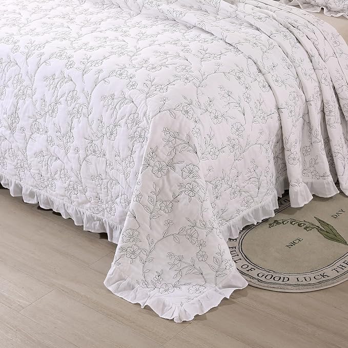 ROOMLIFE Quilt Set Full Size 3D Floral Embroidery Pattern 3-Piece Cotton - Image 4