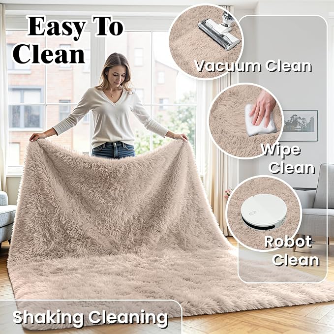 5x7 Fluffy Area Rug for Living Room: Soft Non-Slip Beige Bedroom Carpet | Ultra - Image 6