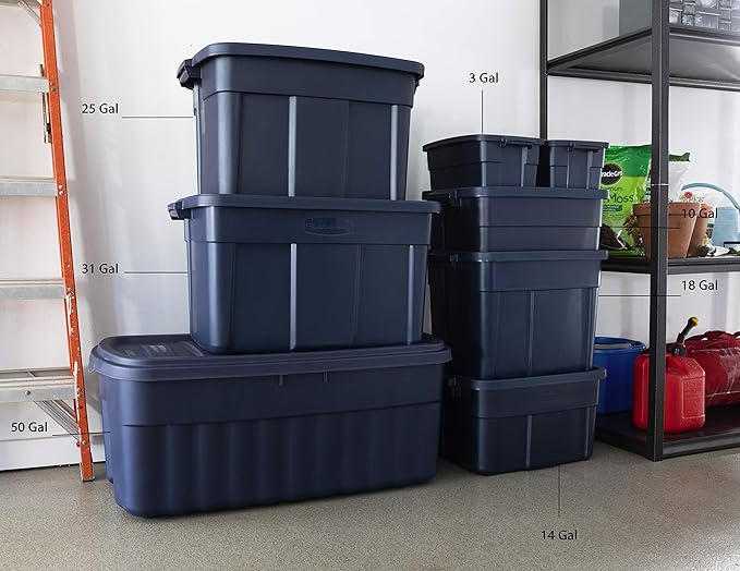 Rubbermaid Roughneck Tote 25 Gal, 4 Pack, Made in USA, Dark Indigo Metallic, Rugged Plastic Stackable Storage Bins with Lids and Handles