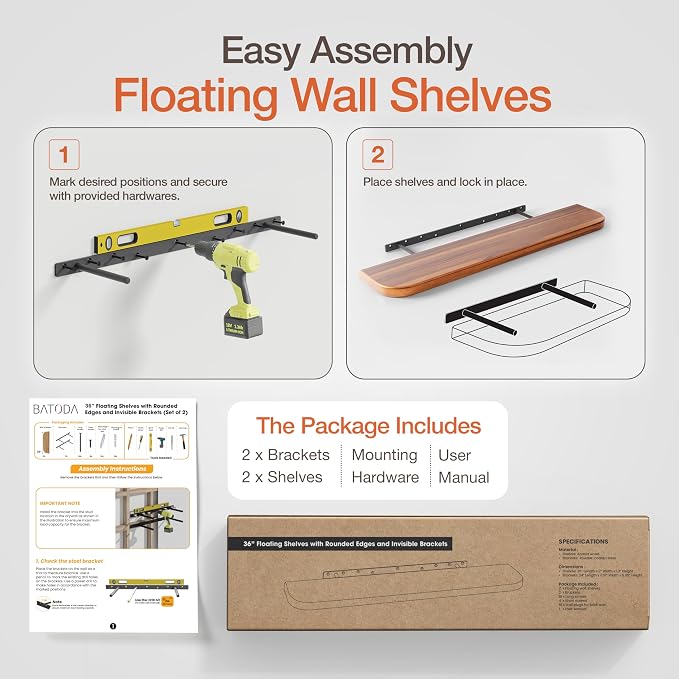 BATODA 36" Acacia Wood Floating Shelves Wall Mounted – Rustic Farmhouse Wooden - Image 5