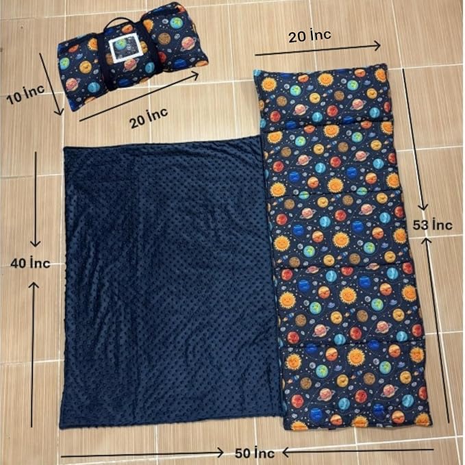 Toddler Nap Mat with Pillow and Blanket, Preschool, Nursery Sleeping Mat, Portable Bed for Kids, Ultra Soft Cotton, Fleece, Minky, Machine Washable, Travel Friendly, Kids Sleeping Bags, Navy Blue.