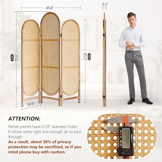 3 Panel Rattan Room Divider Screen, Boho Folding Privacy Screen | Decorative - Image 6
