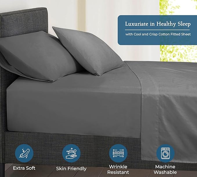 ROYALE LINENS 400 Thread Count 100% American Grown Cotton Fitted Sheet Queen Size - All Around Elastic Fitted Sheet - Luxury Sateen Weave - Snug Fit Bottom Sheets Fit Up to 16" (Queen,Spanish Slate)