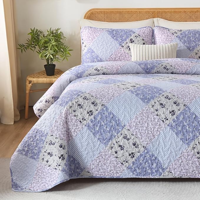 Dinjoy Boho Quilt Set Queen Size, Patchwork Floral Bedspreads, Lavender | - Image 7