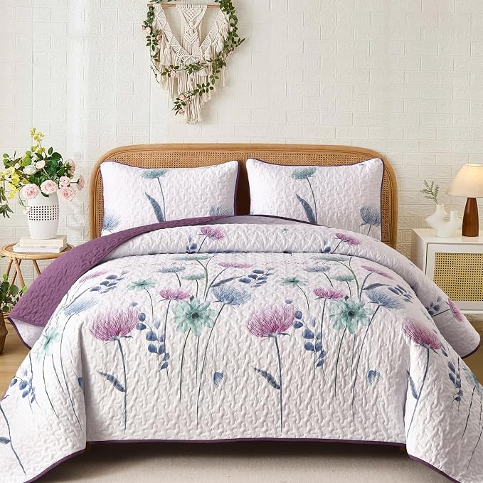 Dinjoy Purple Quilt Set King, Floral Printed Bedspread Coverlet Set | Purple by DINJOY