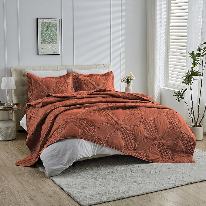 Kingnex Oversized King Bedspreads 128x120 Ultrasonic Quilted Baked Clay | Extra - Image 5