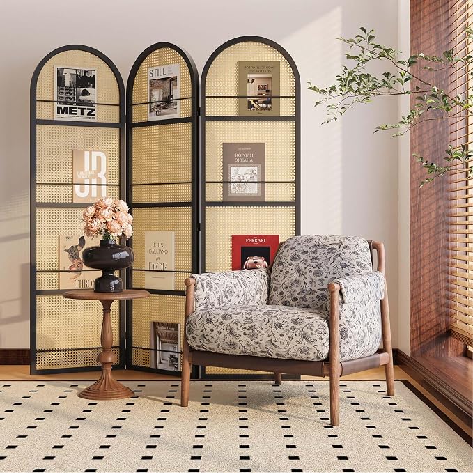 Rattan Room Divider with Built-in Bookshelf | Foldable Privacy Screen & - Image 8