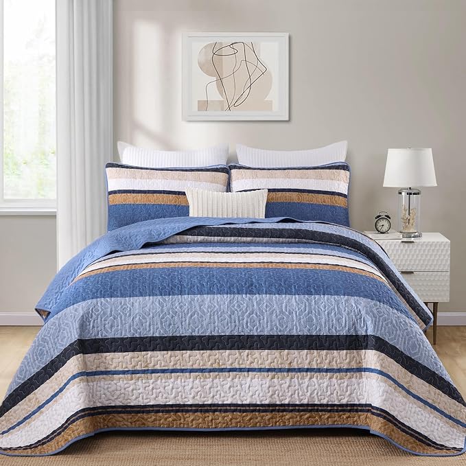 Dobuyly Full Size Dteiped Quilt Set, Breathable All-Season, 3-Piece Set Fits - Image 2