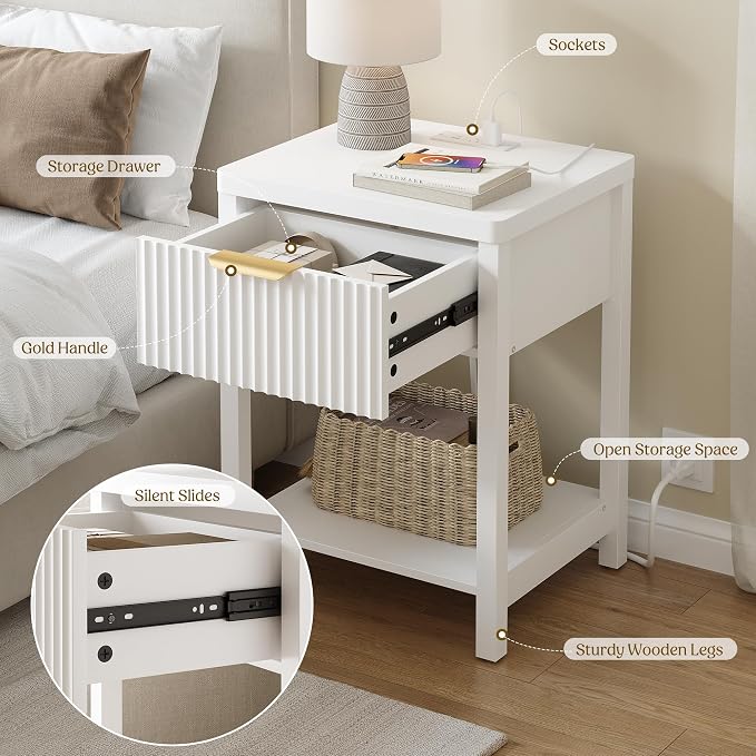 Night Stand Set 1, Fluted Wood Bedside Table w/Socket Station - Image 5