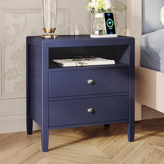 Huuger Nightstand with Charging Station, Bedside Table with Storage, Modern by Huuger
