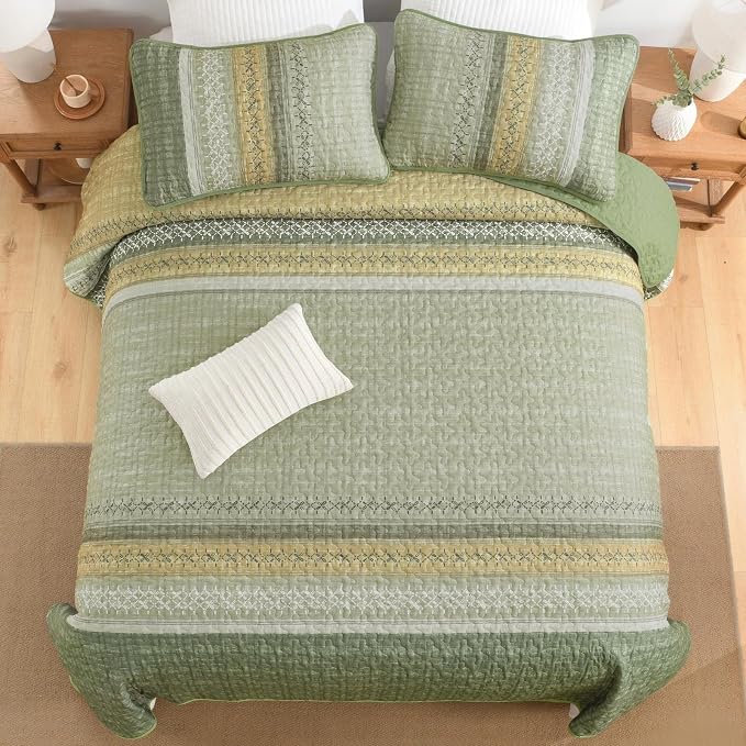 Cottolester Sage Green Queen Quilt Set, Sunner Striped Patchwork Bedspread | - Image 3