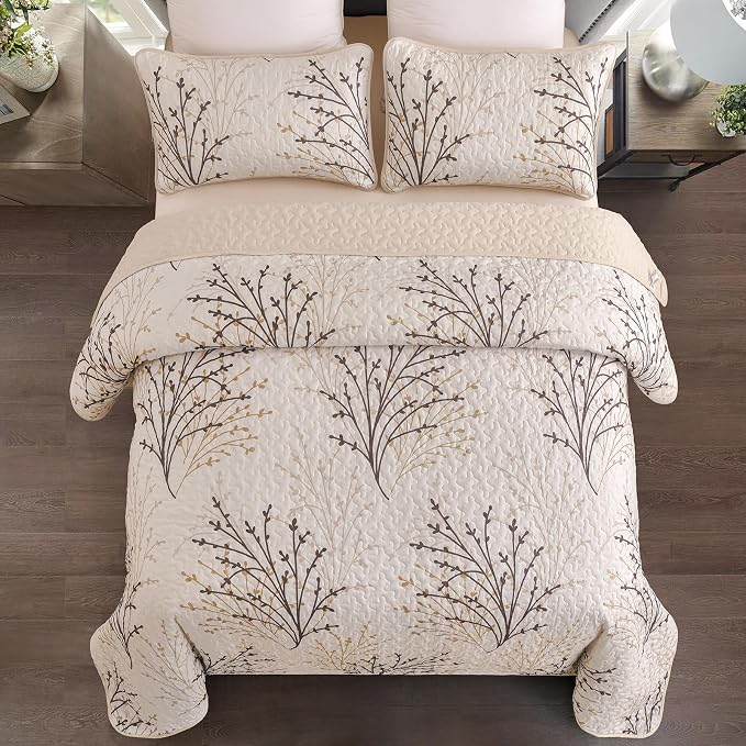 DJY Queen Size Quilt Set Beige Branch Botanical Bedspread Coverlet Set | 3 - Image 2