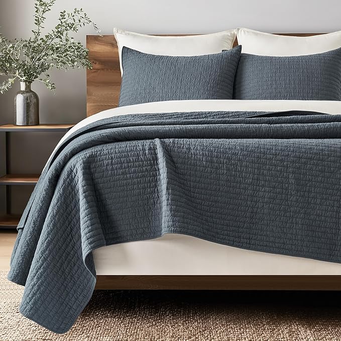 100% Cotton Cross Stitch 3-Piece Quilt Set, Midnight Blue | Cross Stitch Cotton by EVERGRACEHOME