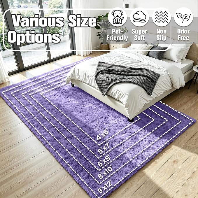 6x9 Fluffy Area Rug for Living Room: Soft Non-Slip Purple Bedroom Carpet | - Image 8